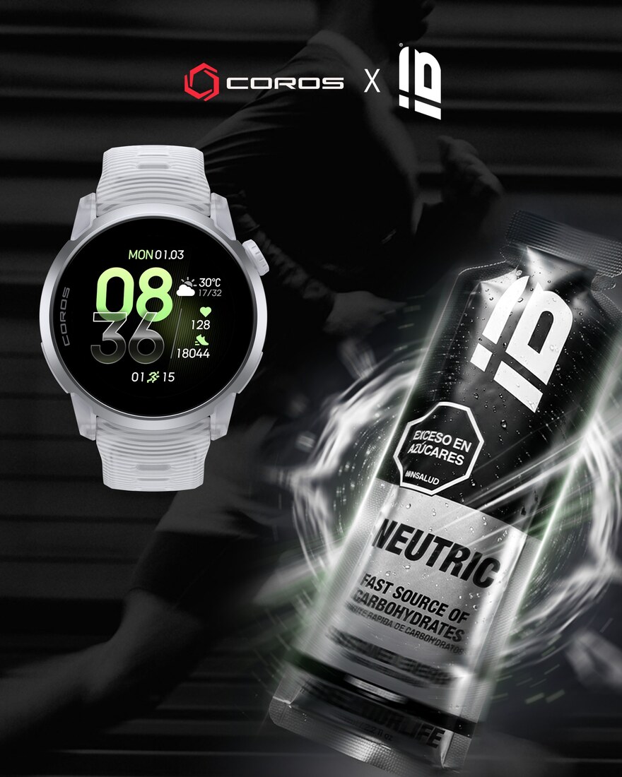 Reloj COROS PACE 4 junto a un gel energético IB Sports NEUTRIC